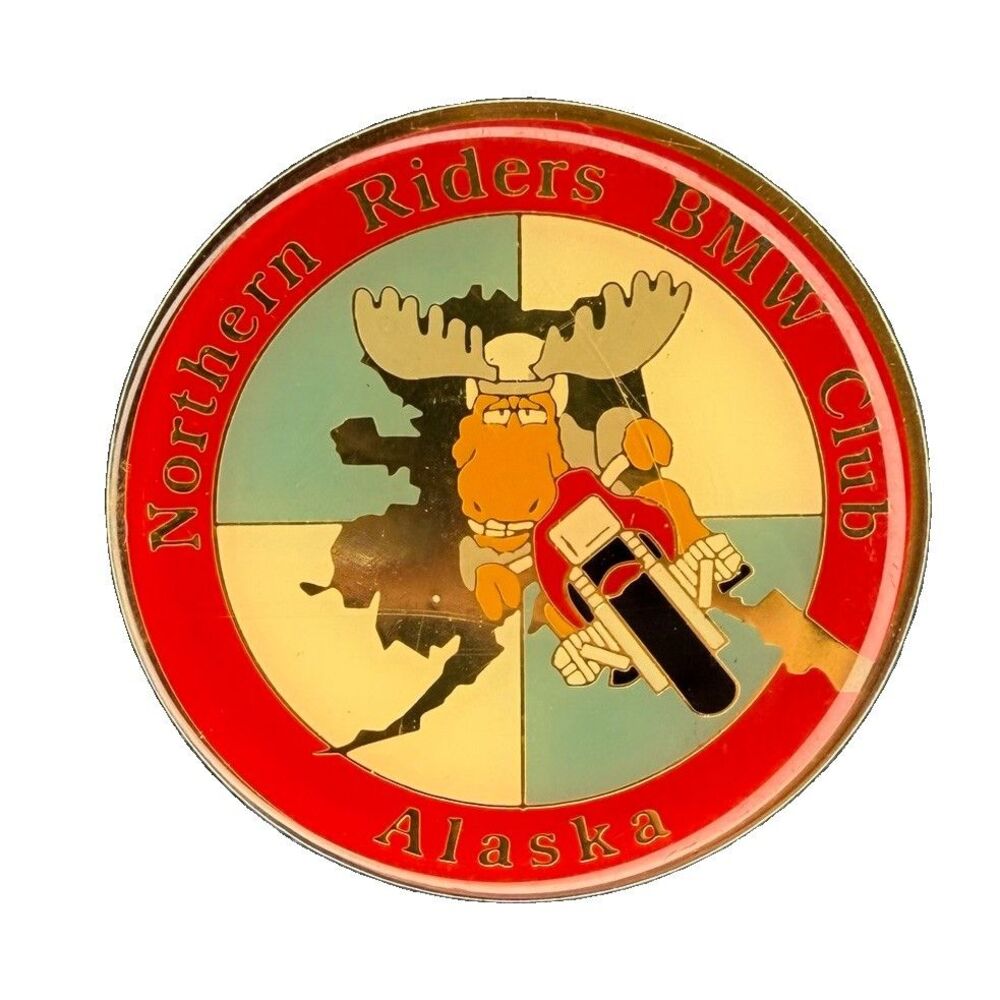 Vintage Northern Riders BMW Club Alaska Enamel Motorcycle Pin Badge Moose 1.75"